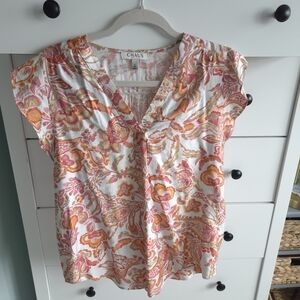 Chaus White V-Neck Cap Sleeve Top with Pink & Orange Paisley Print Small